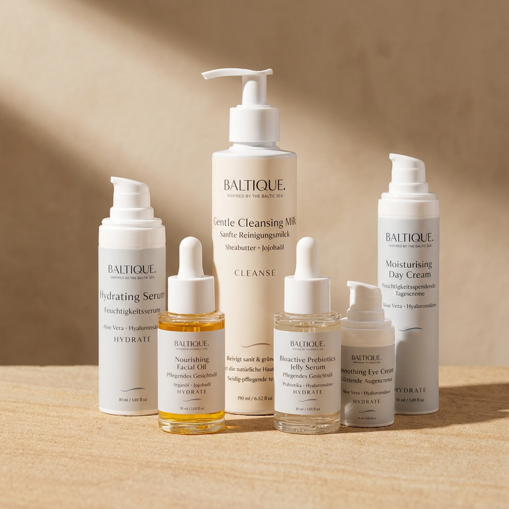 BALTIQUE Hydrate Komplett Routine - Gentle Cleansing Milk, Hydrating Serum, Bioactive Prebiotics Jelly Serum, Smoothing Eye Cream, Moisturising Day Cream und Nourishing Facial Oil