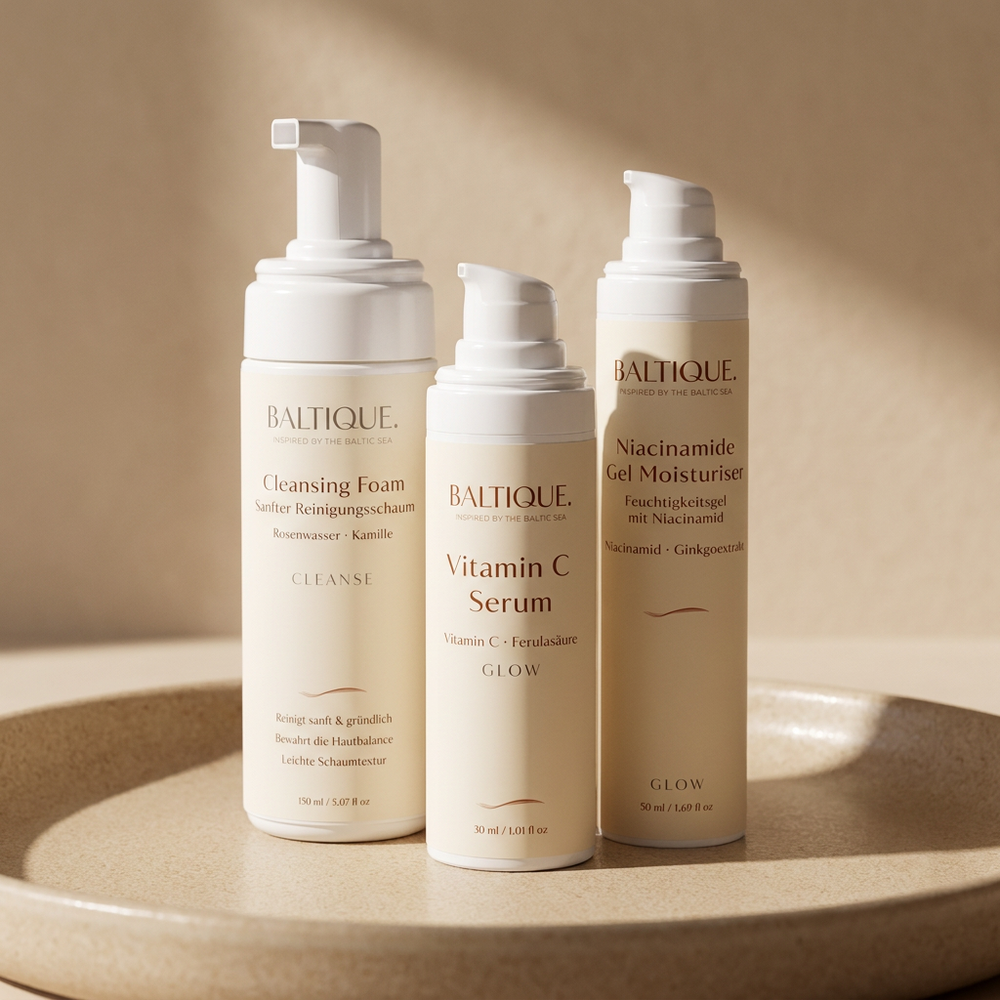 BALTIQUE Glow Starter Routine - Cleansing Foam, Vitamin C Serum und Niacinamide Gel Moisturiser