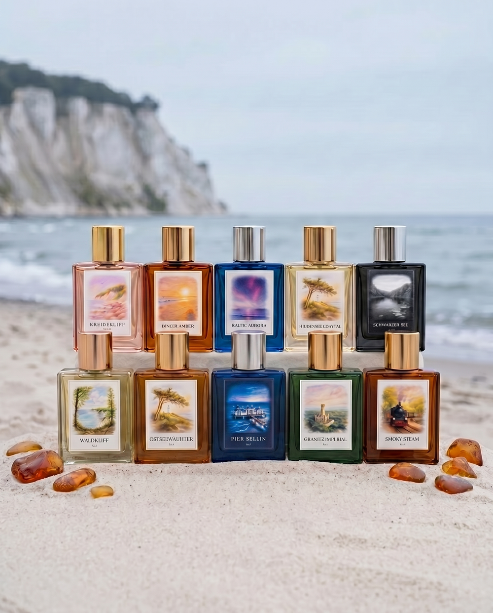 BALTIQUE Discovery Set - alle zehn Parfüms in 2ml Probegröße am Ostsee-Strand mit Bernstein